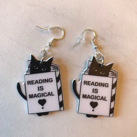 Reading is Magical Black Cat Earrings - Picture 1 of 2